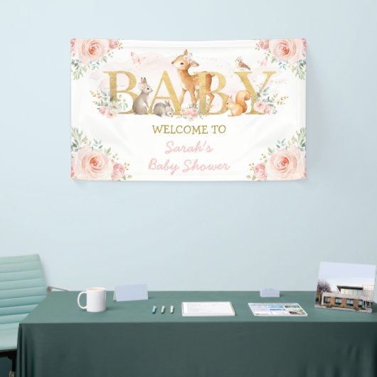 Blush Flowers Woodland Animals Baby shower Welkoms Spandoek (Beurs)