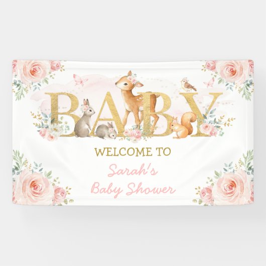 Blush Flowers Woodland Animals Baby shower Welkoms Spandoek (Horizontaal)