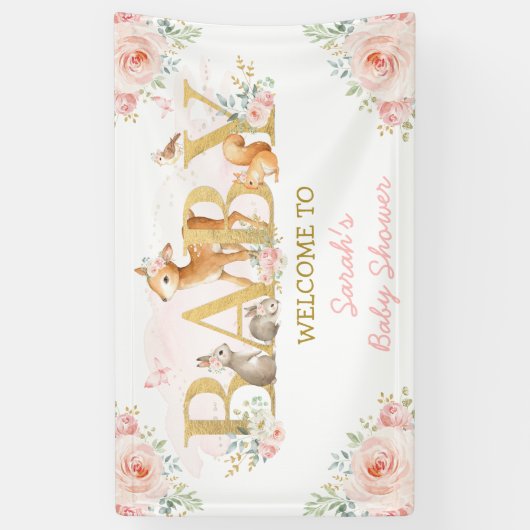 Blush Flowers Woodland Animals Baby shower Welkoms Spandoek (Verticaal)