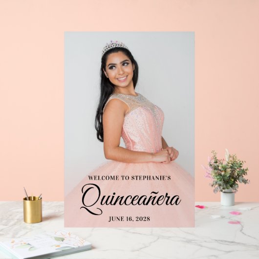 Blush foto Overlay Elegant Script Quinceañera Acryl Bord (Huwelijk)
