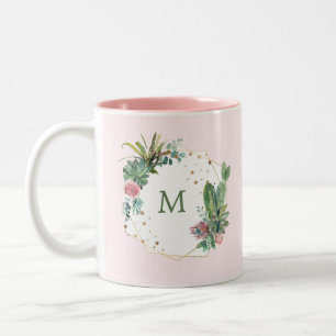 Blush Geometric Cactus met Monogram Tweekleurige Koffiemok