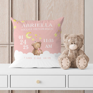 Blush Girl Teddy Bear Birth Stats Nursery Coussin