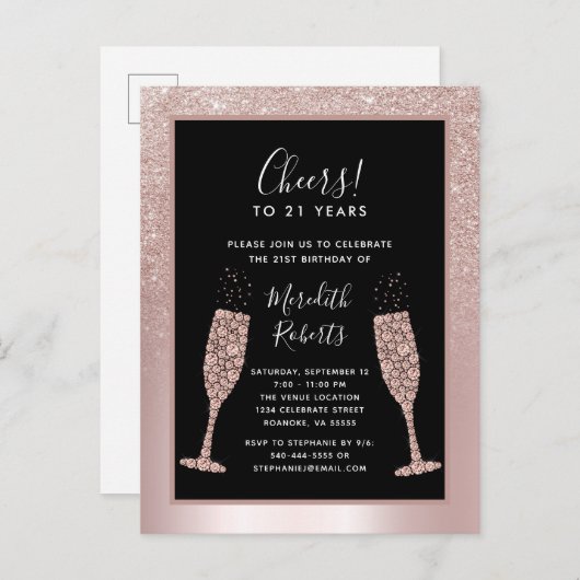 Blush Glitter Champagne Toast 21e Verjaardagsfeest Uitnodiging Briefkaart (Voorkant / Achterkant)