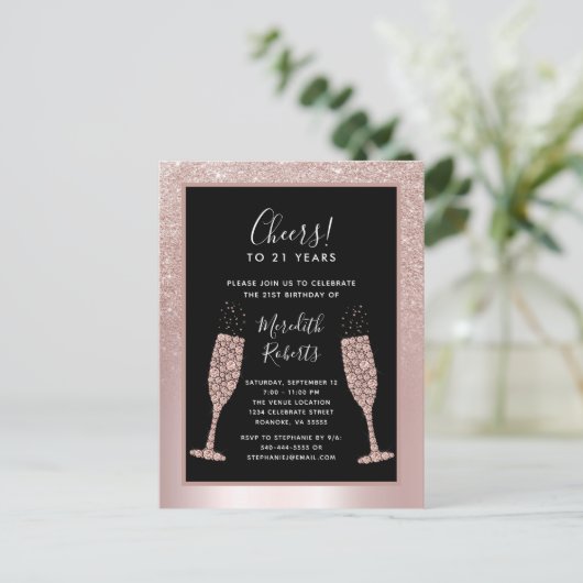 Blush Glitter Champagne Toast 21e Verjaardagsfeest Uitnodiging Briefkaart (Staand voorkant)