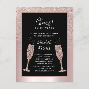 Blush Glitter Champagne Toast 21st Birthday Party Uitnodiging Briefkaart