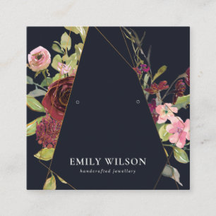 BLUSH GOLD BURGUNDY ROOS FLORAL EARRING DISPLAY VIERKANTE VISITEKAARTJE