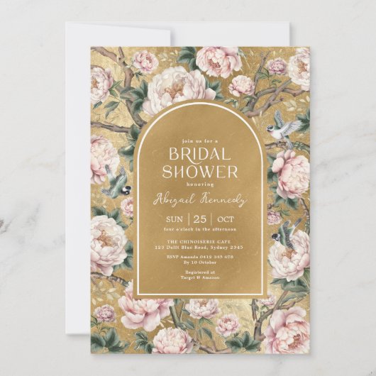 Blush Gold Chinoiserie Peony Floral Vrijgezellenfe Kaart (Voorkant)