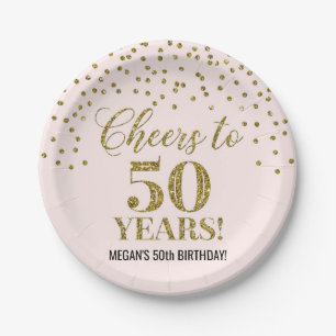 Blush Gold Confetti Cheers tot 50 jaar verjaardag Papieren Bordje