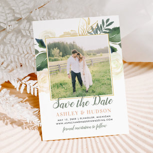 Blush Gold en Green Floral Weduwfoto White Save The Date