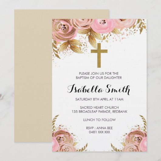 Blush Gold floral Baptême / Invitation Christening (Devant / Derrière)