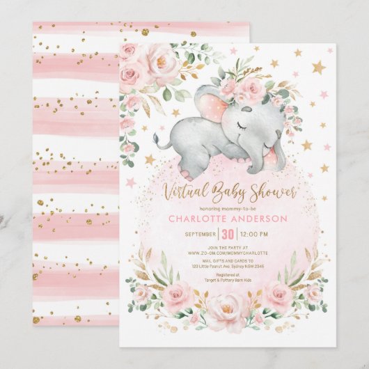 Blush Gold Floral Elephant Virtual Baby shower Kaart (Voorkant / Achterkant)