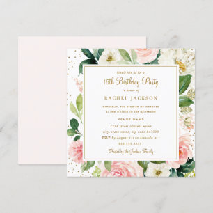 Blush Gold Floral Waterverf 16e verjaardag Uitnodi Kaart