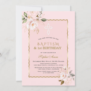 Blush Gold Flowers Girl 1st Birthday & Baptisme Kaart