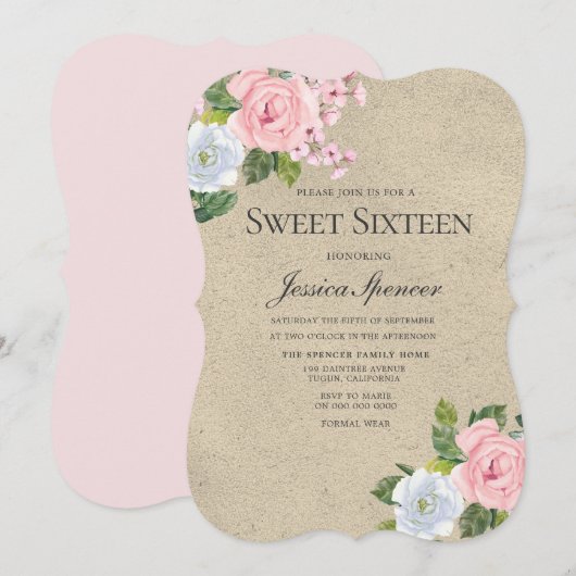 Blush & Gold Flowers Sweet 16 Invite Kaart (Voorkant / Achterkant)