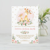Blush Gold Giraffe Girl Baby shower Floral Rozen Kaart (Staand voorkant)