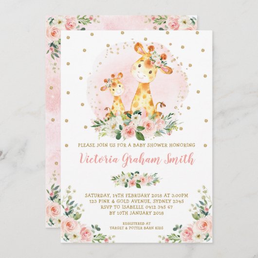Blush Gold Giraffe Girl Baby shower Floral Rozen Kaart (Voorkant / Achterkant)