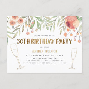 Blush & Gold Glitter Champagne 30e verjaardag Uitnodiging Briefkaart