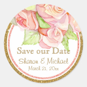 Blush Gold Glitter Waterverf Rose Bouquet Pearls Ronde Sticker