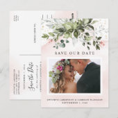 Blush Gold Greenery Dusty Blue Save the Date Foto Briefkaart (Voorkant / Achterkant)