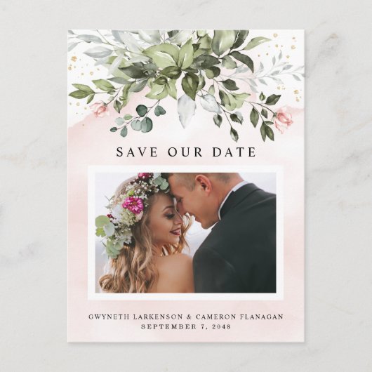 Blush Gold Greenery Dusty Blue Save the Date Foto Briefkaart (Voorkant)
