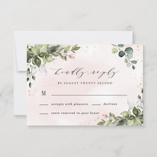Blush Gold Greenery Succulent Dusty Blue Wedding RSVP Kaartje (Voorkant)
