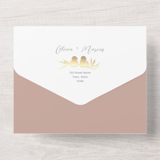 Blush Gold Lovebirds All In One Uitnodiging (Achterkant)