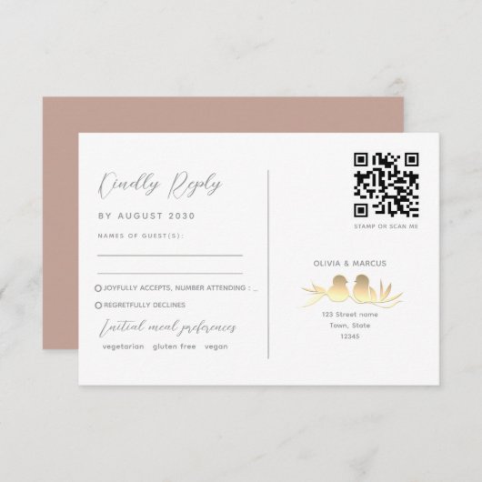 Blush Gold Lovebirds QR Code RSVP Kaartje (Voorkant / Achterkant)