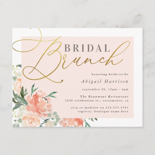 Blush & Gold Script Bloemen Bruids Brunch Uitnodiging Briefkaart (Voorkant)