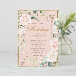 Blush Gold Waterverf Romantische Bloemen Huwelijk Kaart