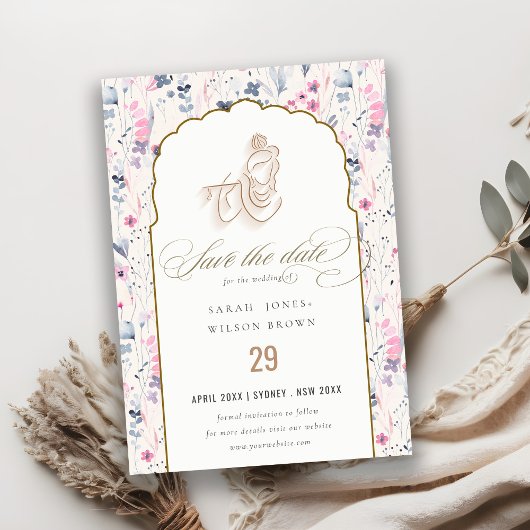 Blush Gold Wildflower Krishna Indiase bruiloft Save The Date