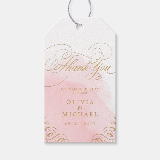 Blush goud elegante kalligrafie bruiloft dank u cadeaulabel (Voorkant)