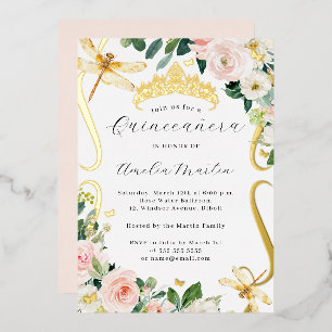 Blush Gouden Bloemen Dragonfly Scroll Quinceanera Folie Uitnodiging