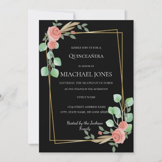 Blush Gouden Bloemen Uitnodiging (Voorkant)