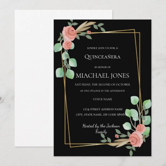 Blush Gouden Bloemen Uitnodiging (Voorkant / Achterkant)