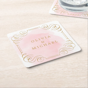 Blush gouden elegant  bloeiende stellen vierkante kartonnen onderzetter