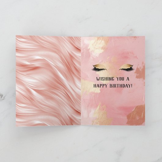 Blush Gouden Glitter Wimpers Verjaardag Kaart (Binnen)