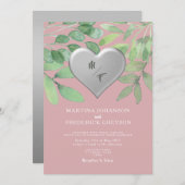 Blush Green Monogram Coeur Mariage Invitation (Devant / Derrière)