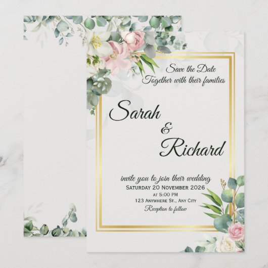 Blush Greenery Gold Frame Wedding Invitation (Devant / Derrière)