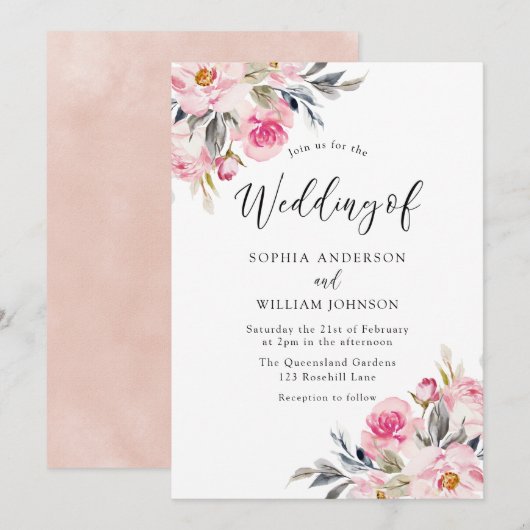 Blush & Greenery: Waterverf Floral Wedding Kaart (Voorkant / Achterkant)