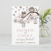 Blush & Grey Retro Owls Winter Wedding Invitation Kaart (Staand voorkant)