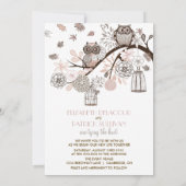 Blush & Grey Retro Owls Winter Wedding Invitation Kaart (Achterkant)