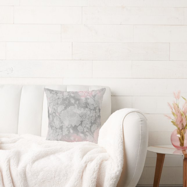 Blush Grey Subtiele Rozen Bloemen Sierkussen (Bank)
