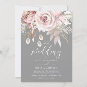 Blush & Grijs Bloemen Elegantie Bruiloft Kaart