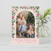 Blush Helder Roze Groen Boog Kerstmis 1 Foto Feestdagenkaart (Staand voorkant)