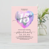 Blush Holografische Folie Hartballon Quinceañera Kaart (Staand voorkant)