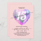 Blush Holografische Folie Hartballon Quinceañera Kaart (Voorkant / Achterkant)