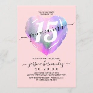 Blush Holografische Folie Hartballon Quinceañera Kaart