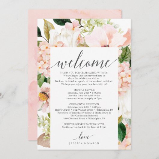 Blush hortensia bruiloft welkom routebeschrijving  programma (Voorkant / Achterkant)