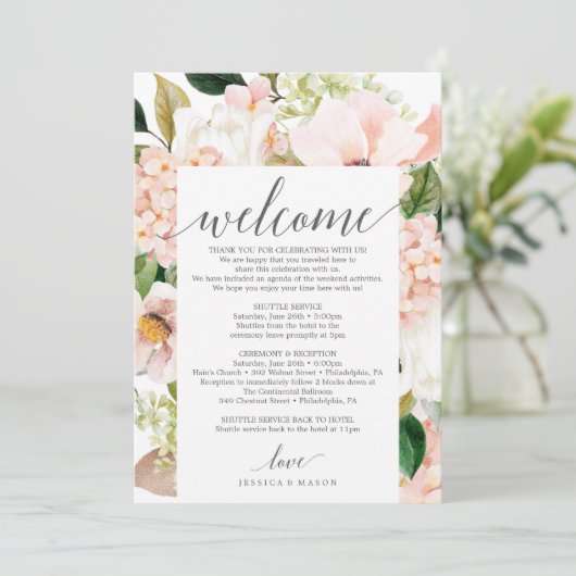 Blush hortensia bruiloft welkom routebeschrijving  programma (Staand voorkant)