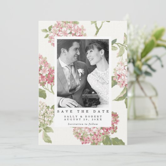 Blush Hortensia Fotobruiloft Bewaar de datumkaart Bedankkaart (Staand voorkant)